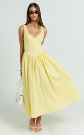 Robe midi Beckett - Robe à encolure dégagée, taille basse en V et jupe froncée, coloris jaune beurre