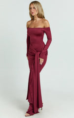Robe longue Judith - Robe en jersey à col bateau, dos nu, devant noué et manches longues couleur bordeaux