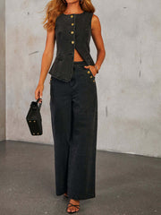 Denim Button Sleeveless Vest & Wide Leg Jeans 2Pcs Set