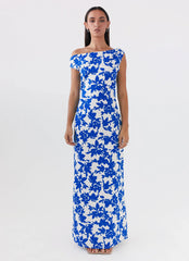Robe longue à épaules dénudées Pyper - Imprimé floral bleu