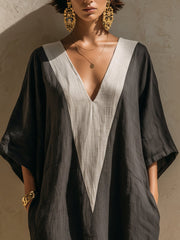 Color-block Linen-blend Loose Maxi Robe Dress