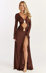 Robe longue Sahara - Robe longue découpée à garniture dorée couleur Chocolat