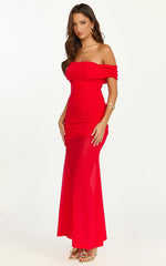 Robe longue Victoria - Robe évasée et ajustée à épaules dénudées de couleur rouge