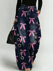 Pink Bow Decoration Pattern Women's Denim Pants