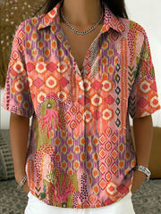 Women's Vintage Botanical Floral Casual Polo Collar Short-sleeved Linen And Cotton Shirt