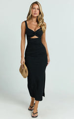 Robe mi-longue Bianca - Robe froncée à découpes et torsades sur le devant, en noir