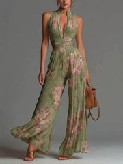 Women's Elegant & Flowy Pleated Halter-neck Long Wide-leg Jumpsuit
