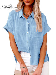 Women's Solid Color Button Down Short Sleeve Shirt