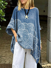 Women's Retro Floral Art Print Casual Cotton Long Shirt