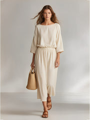 Women's Ivory Cotton Set With Boat Neck & Elastic Waist, Timeless Minimalist-Casual Style Set MDZ2062A3I