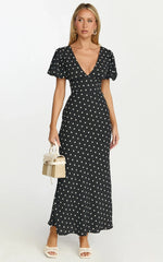 Robe Midi Elise - Robe à Manches Bouffantes et Col en V à Pois Noirs