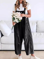 Women's Retro Distressed Loose Wide-leg Denim Jumpsuit