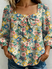 Colorful Flower Decorative Pattern Women's Long Sleeve Linen Cotton Shirt