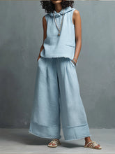 Casual Linen And Cotton Two-piece Set: Sleeveless Hooded Top And Pants