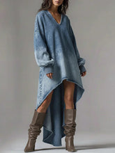 Ursime Festival Blue V Neck Lantern Sleeve Long Sleeve High Low Hem Casual Denim Mini Dresses