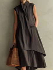 Dark Brown Linen Cotton Two-piece Midi Dress Set (stand Collar Sleeveless Tunic + Lined Skirt)