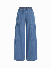 Mid-rise Drawstring Pleated Wide-leg Jeans