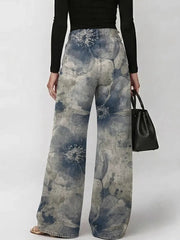 Women's Vintage Ink Wash Art Flowers Print Casual Fashion Cutout Jeans