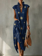 Mystical Astrological Starry Sky Decorative Pattern Women's No Sleeve Linen Cotton Dress