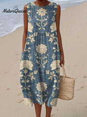 Women's Vintage Floral Pattern Art Print Sleeveless Cotton Pocket Wrap Dress