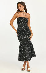 Robe midi Seraphina - Robe à pois bustier, en dentelle, avec col froncé et jupe sirène, coloris pois noirs