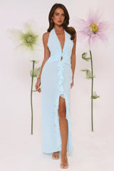 Robe longue dos nu « Nuits de verre marin » bleue