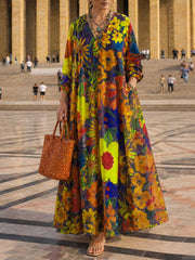 Women's Abstract Print V-neck Long-sleeve Loose-fit Cotton-linen Casual Dress