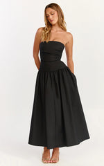 Robe longue Louisa - Robe noire bustier coupe ajustée et évasée avec fronces latérales et taille basse