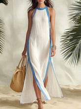 Casual Color-block Striped Sleeveless Linen-cotton Dress With Side Slits