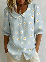 Women's Little Daisy Flower Print Cotton Linen Top