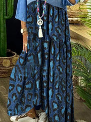 Ursime Vintage Leopard Denim Patchwork Raw Trim Maxi Dress