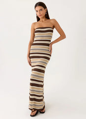 Robe longue Antonie en maille - Rayures chocolat olive