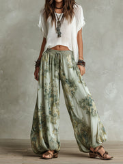 White Crochet Knit Crop Top & Light Green Ink Floral Print Elastic Waist Lantern Pants Set