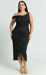 Robe longue Aidia - Robe corset drapée noire à épaules dénudées