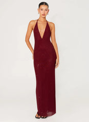 Robe longue perlée Keliese - Bourgogne