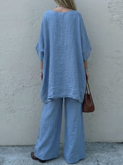 Women's Solid-color Cotton-linen Set: Loose-fit Round-neck 3/4-sleeve Top & High-waisted Wide-leg Pants