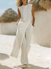 Women's Solid Color Art Stylish Casual Top And Pants Cotton Linen Two-piece Set
