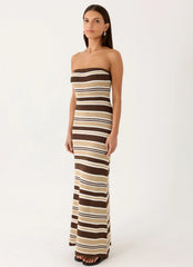 Robe longue Antonie en maille - Rayures chocolat olive