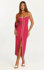 Robe midi Camille - Robe cintrée bustier boutonnée sur le devant avec garniture en dentelle rouge