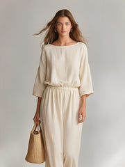 Women's Ivory Cotton Set With Boat Neck & Elastic Waist, Timeless Minimalist-Casual Style Set MDZ2062A3I
