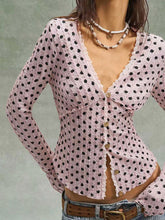 Women's Lace Trim And Polka Dots V-neck Long-sleeve Top