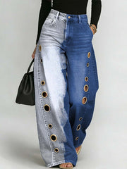 Women's Retro Art Print Casual Stylish Hollow Denim Pants