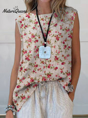 Women's Vintage Elegant Floral Art Print CasualCotton And Linen Tank Top