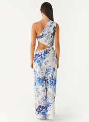 Robe longue tout l'été – Imprimé fleuri ciel serein