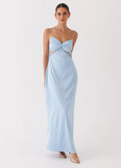 Robe longue en satin et dentelle Dream Sight - Bleu glacier