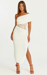 Robe midi Juliet - Robe moulante asymétrique en dentelle contrastante ivoire