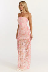 Robe longue Lima - Robe colonne bustier ornée de motifs floraux roses