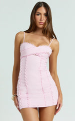 Robe Gigi Mini en mélange de lin - Robe rose à encolure en cœur, dos noué et détails festonnés