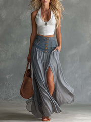Women's Solid-color U-neck Sleeveless Halter Top & High-waisted Denim-paneled Chiffon Skirt Set