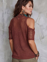 Boho Sexy Semi-mock Neck Cutout Cold-shoulder Knit Top